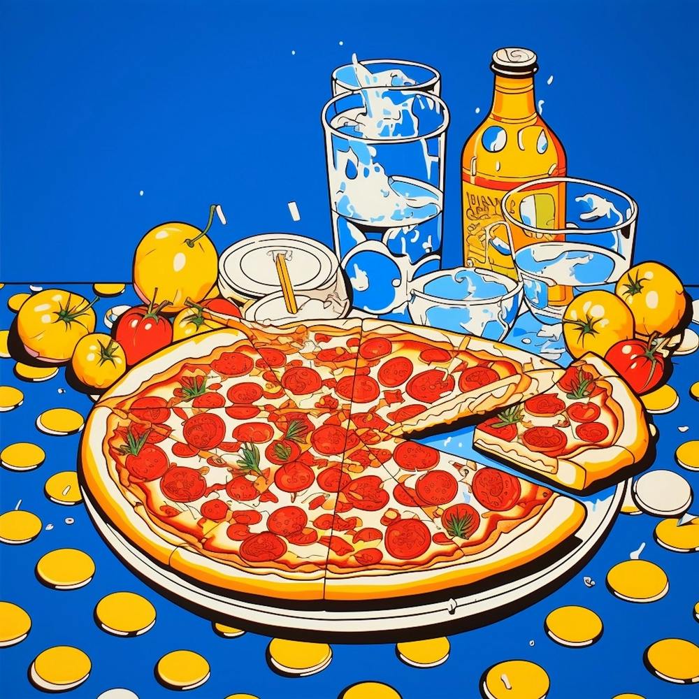 Pizza Cartoon Illustration Blue Checkerboard