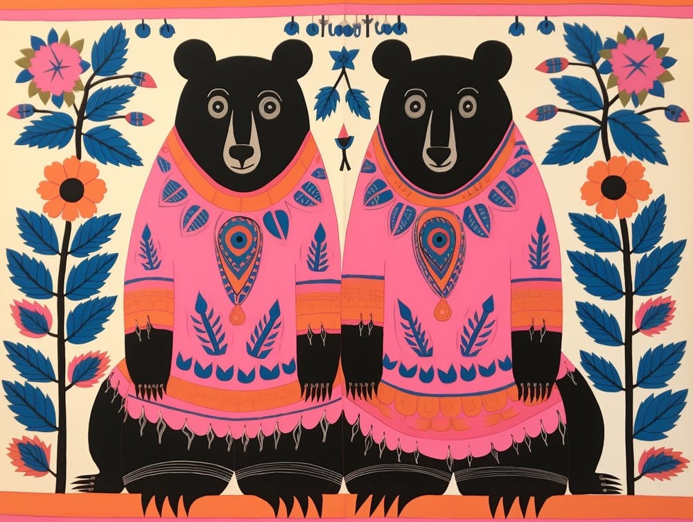 Black Bear 2 Folk Style Animal Illustration