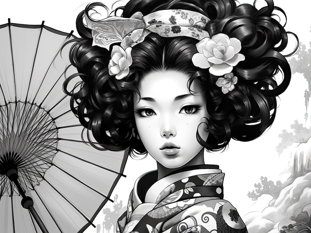 Anime Style Geisha Black And White 2