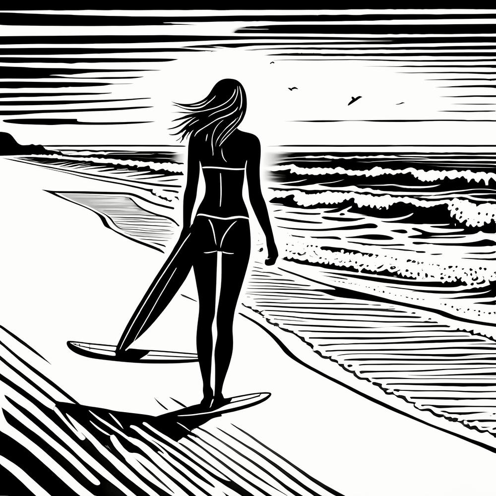 Linocut Black And White Surfer Girl On A Wave art, surfing art, 267