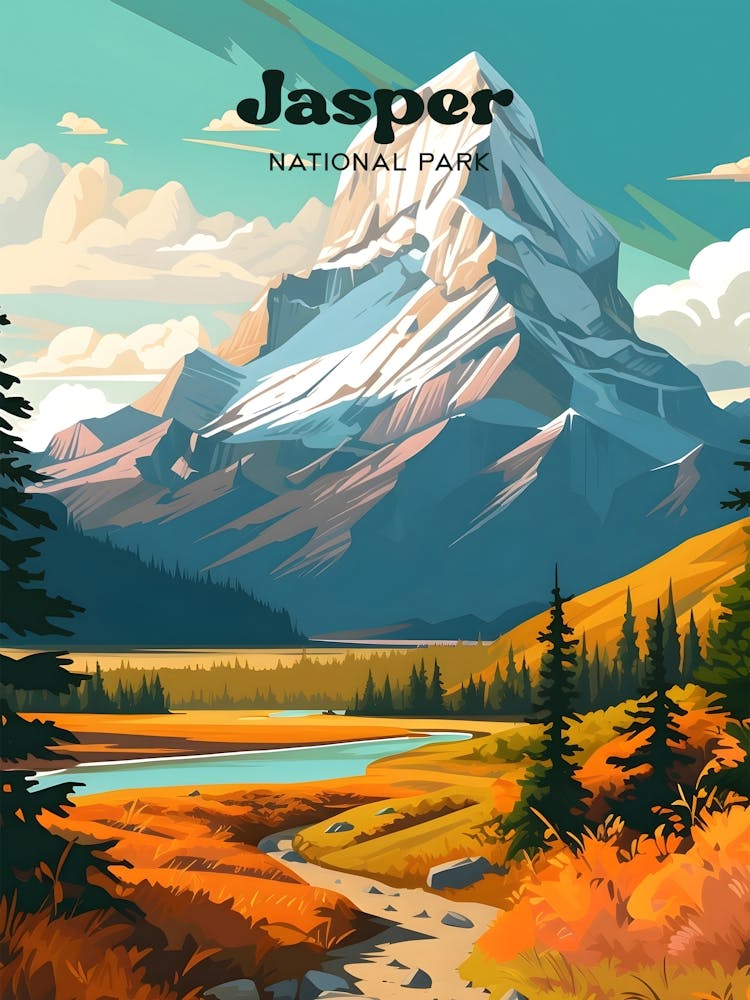 Jasper National Park Alberta Canada Hiking Travel Illustration
