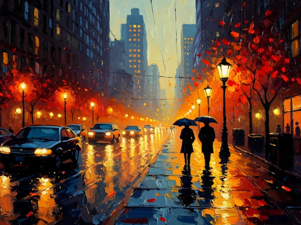 Colorful Rainy Night Cityscape Canvas Painting