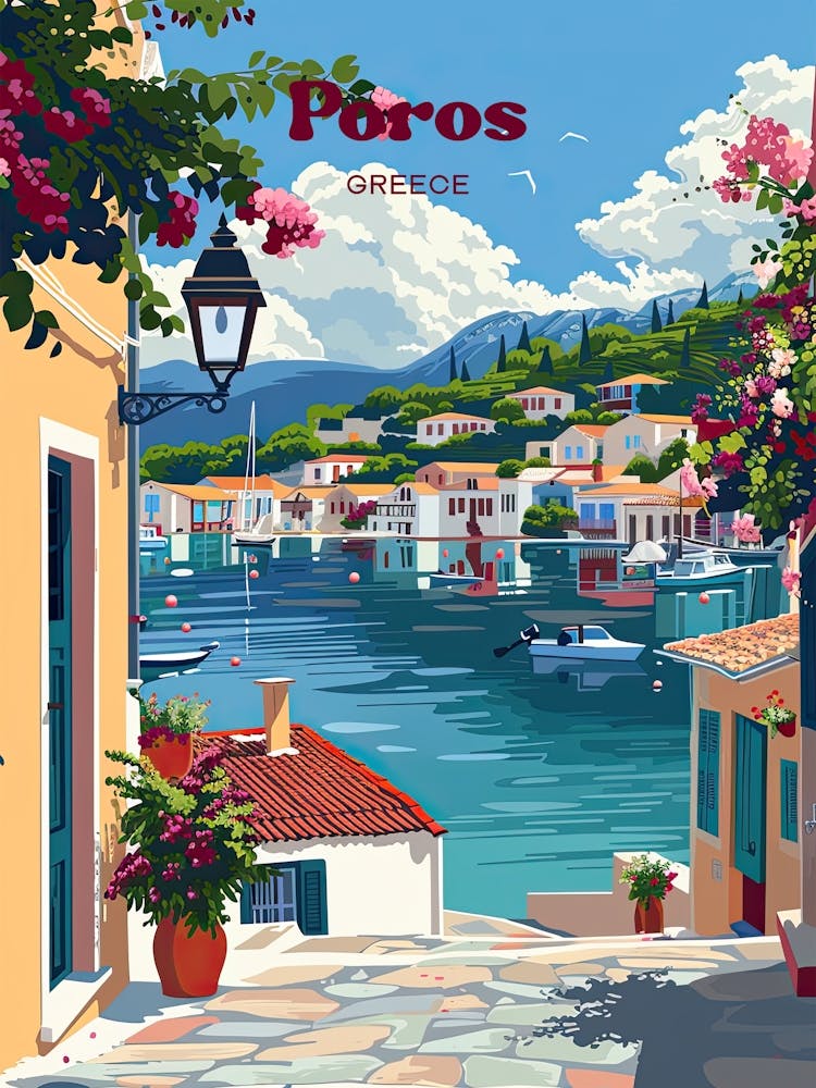 Poros Greece Island Digital Travel Illustration