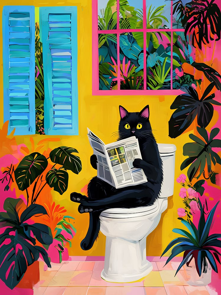 Funny Black Cat Reading Newspaper On Toilet Seat