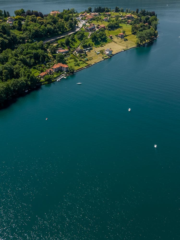 Shore on the lake view from above. Lake Orta. Italy.