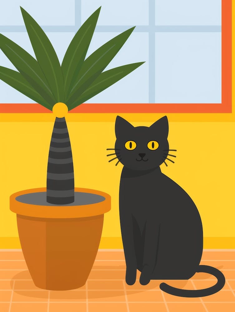 Black Cat With Potted Plant