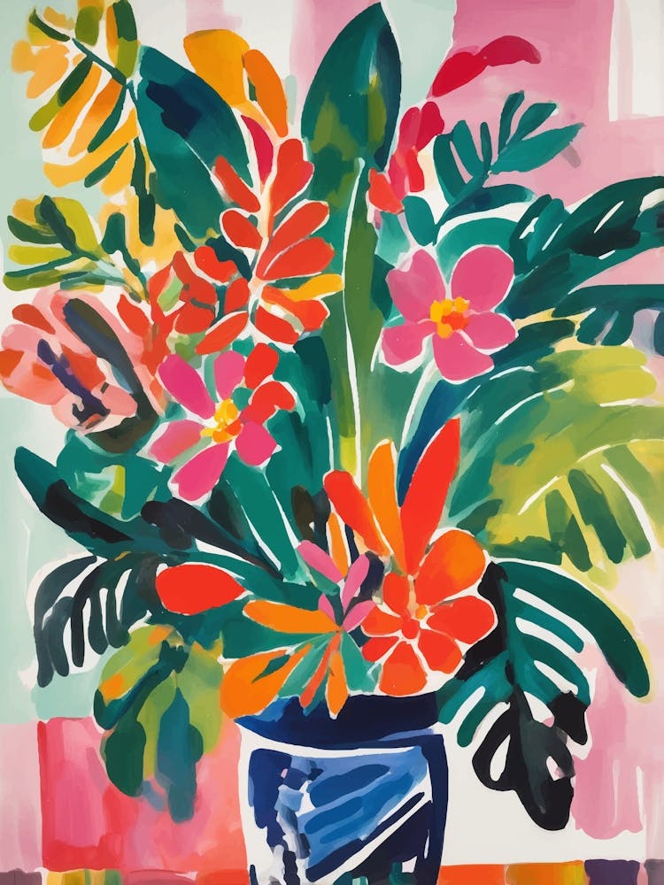 Tropical Flowers In A Blue Vase