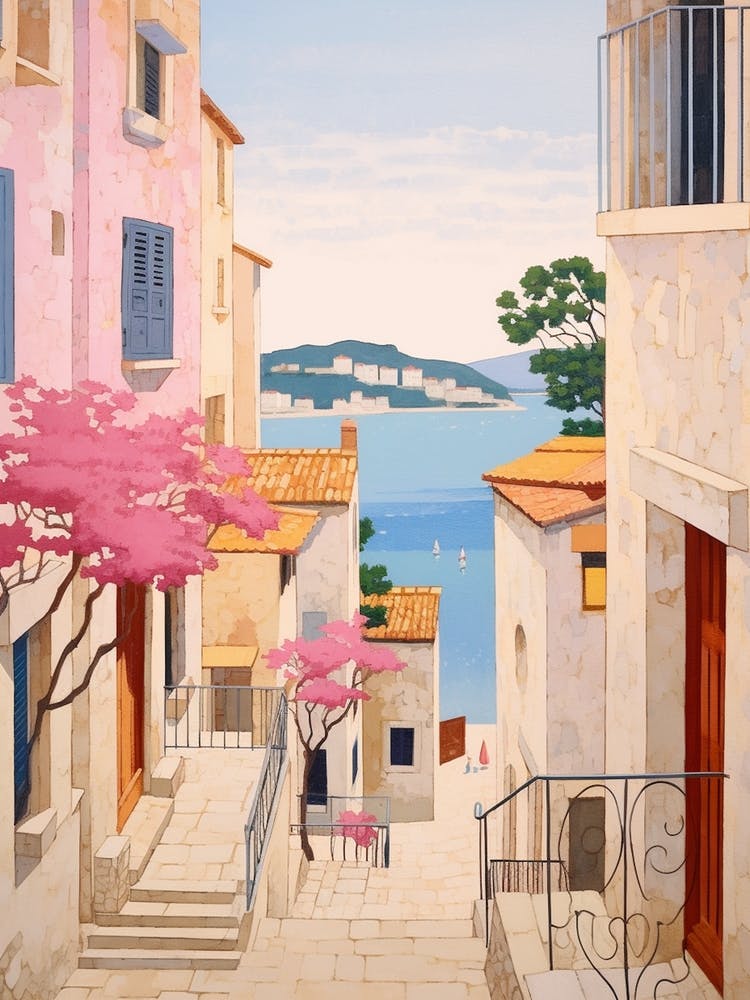 Hvar Croatia 4 Vintage Pink Travel Illustration