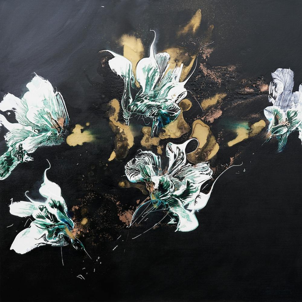 White And Green Flowers Black Background Painting Square