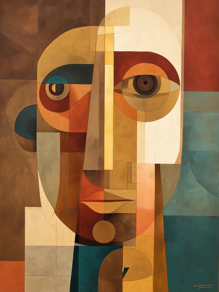 Abstract Portrait Of A Human Face, Composed Of Geometric Shapes And Blocks Of Color