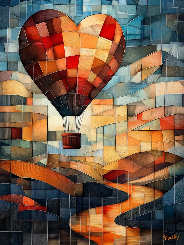 Heart Shaped Hot Air Balloon, Cubism in Stained Glass Style