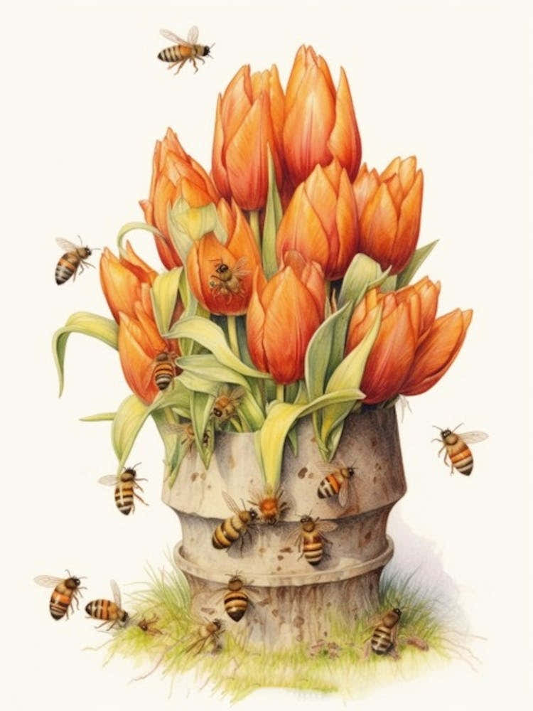 Beehive With Tulips Watercolour Illustration 2