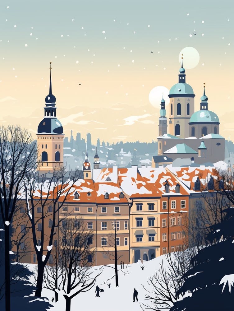 Winter Travel Night Illustration Munich Germany 4