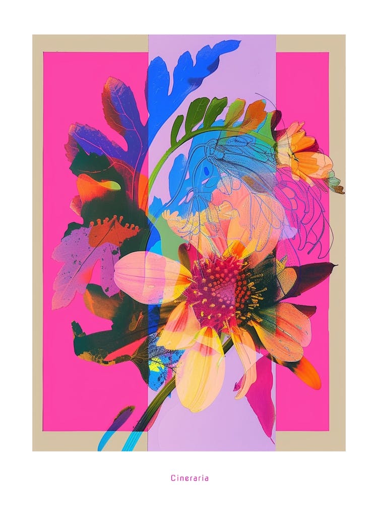 Cineraria 4 Neon Blumen Collage Poster