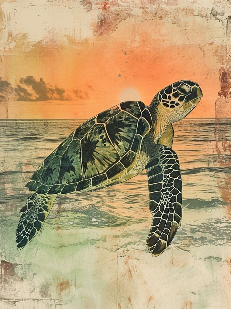 Vintage Sea Turtle At Sunset Painting 2