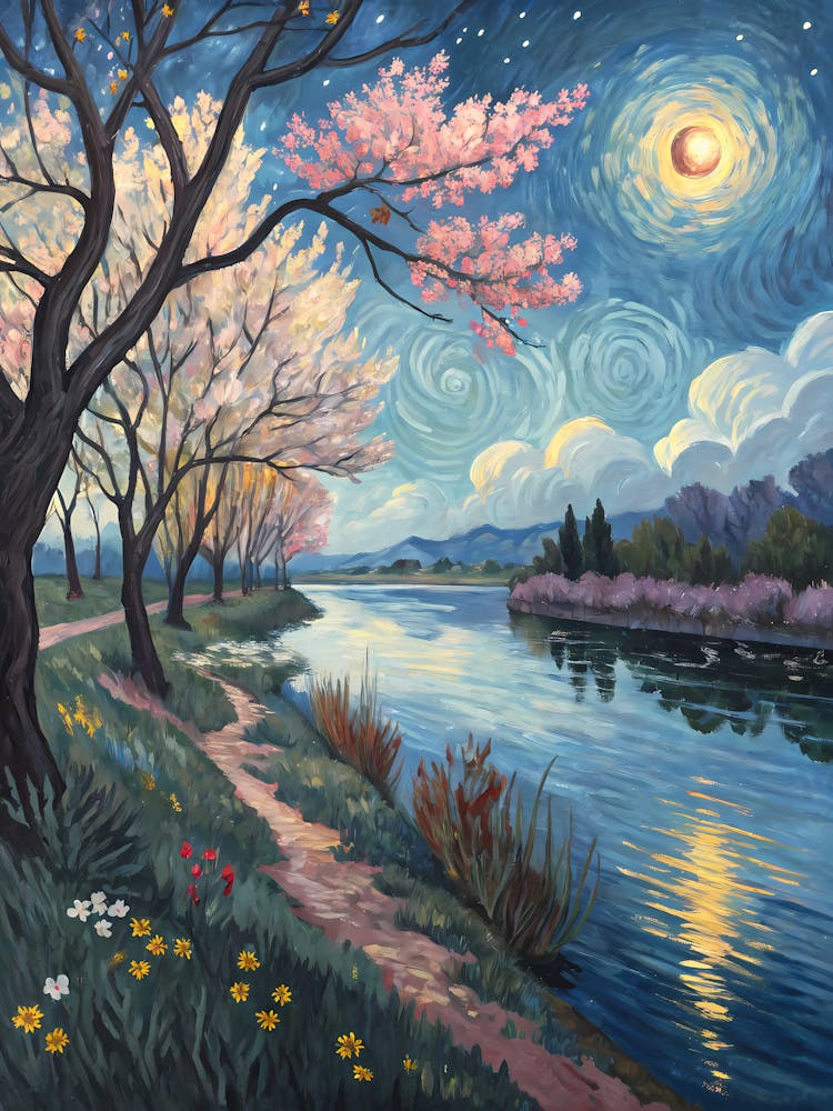 Van Gogh Kirschblüten Fluss Mondscheinlandschaft