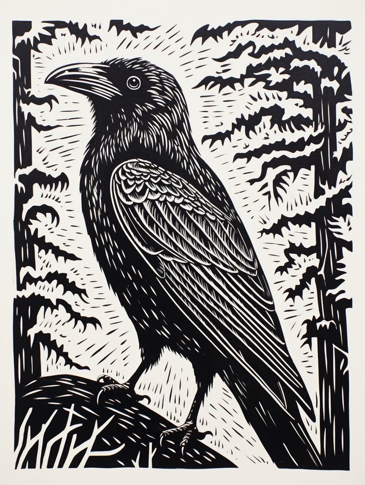 Schwarz-Weiß Vogel-Linolschnitt Rabe 1