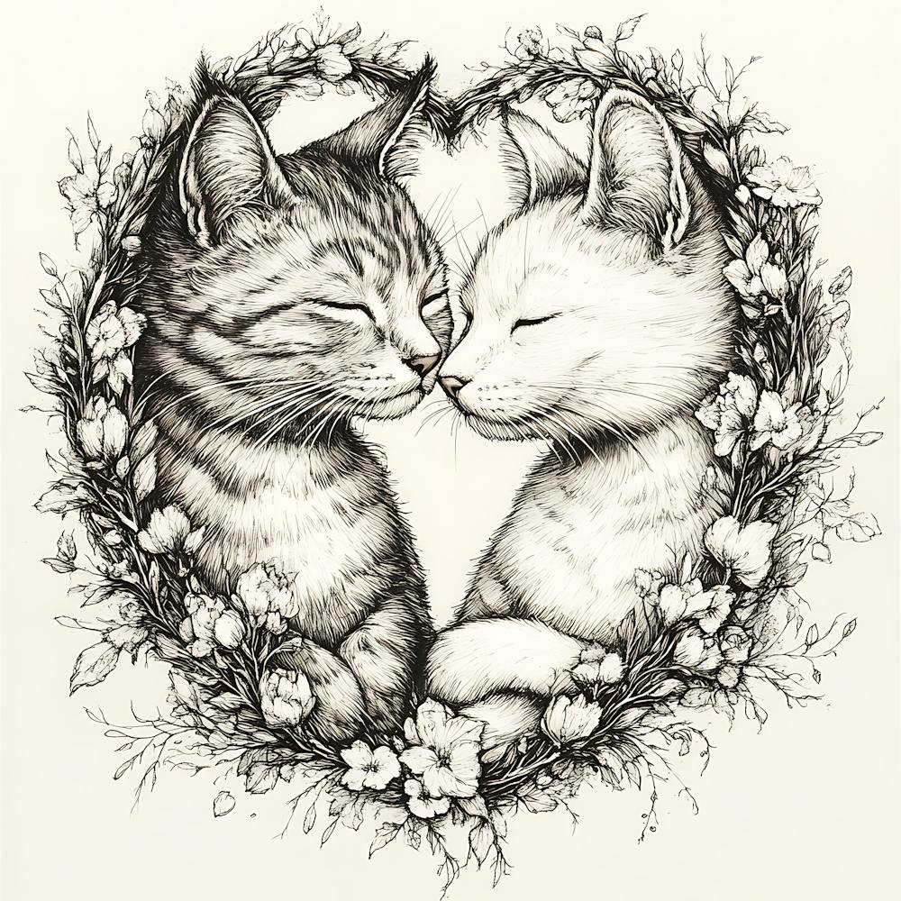 Delicate Ink Drawing of Cats Love Heart 2