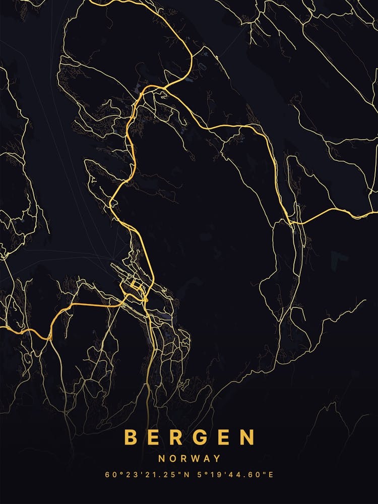 Bergen Norway Black And Gold Map 1