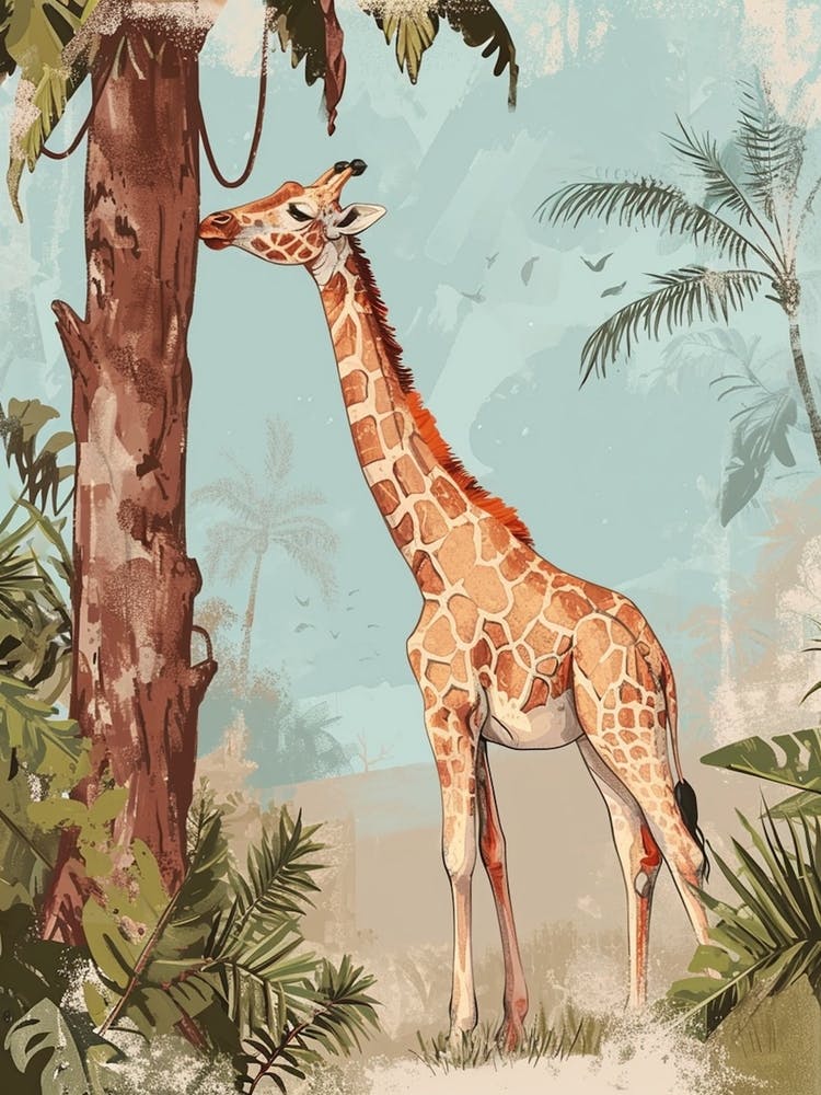 Giraffe Scratching Against A Tree