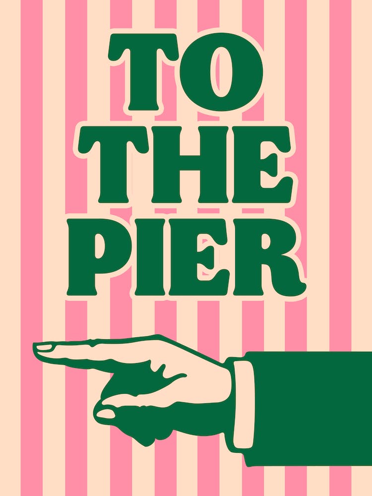 To The Pier Pink Green Left Retro Seaside Coastal Print