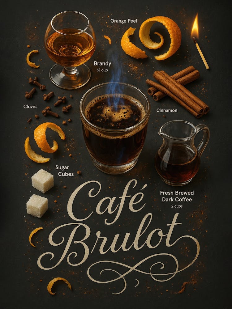 Café Brûlot Poster – Fiery Spiced Brandy Coffee Cocktail: A dramatic blend of brandy, cinnamon, orange, and flame – this Café Brûlot poster captures the essence of antique café culture. Rich in spices and dark elegance – ideal for winter bars and restaura