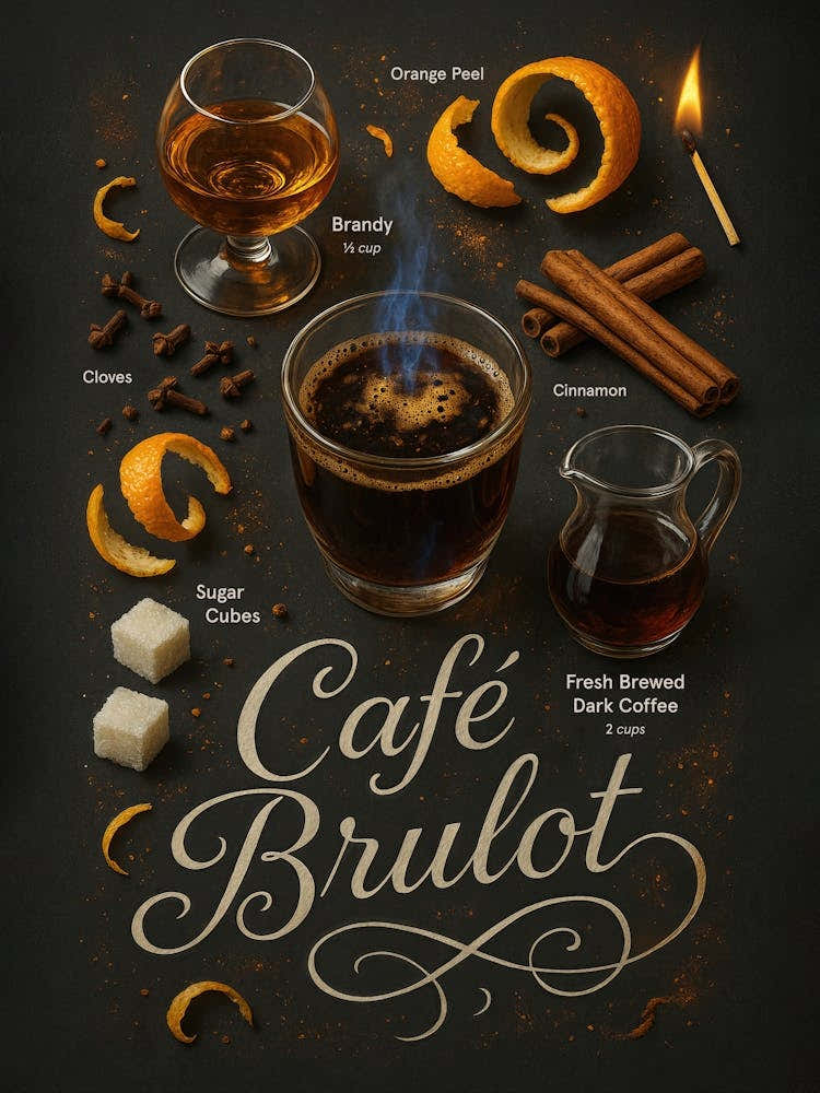 Café Brûlot Poster – Fiery Spiced Brandy Coffee Cocktail: A dramatic blend of brandy, cinnamon, orange, and flame – this Café Brûlot poster captures the essence of antique café culture. Rich in spices and dark elegance – ideal for winter bars and restaura