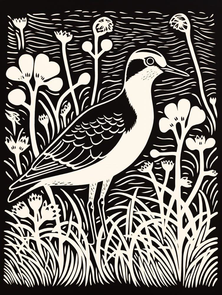 Linogravure d'oiseau N&B Vanneau huppé 3