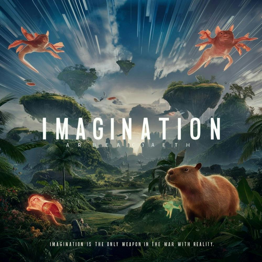 Une Affiche Captivante de Haute Qualité Dépeignant un Monde Extraterrestre Futuriste Rempli de Paysages Luxuriants, d'Îles Flottantes, d'une Flore Vibrante, d'Axolotls Volants et de Capybaras Lumineux, et d'Aurores Boréales Fascinantes