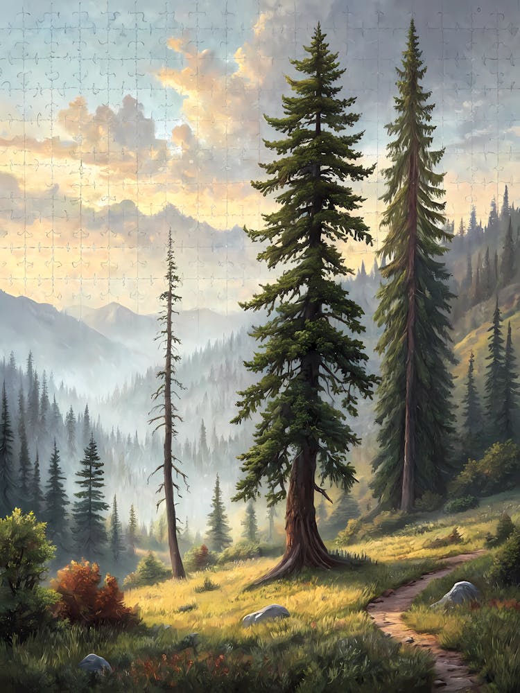 Style Peinture à l'Huile Chemin Forestier Serein Paysage Majestueux de Pins