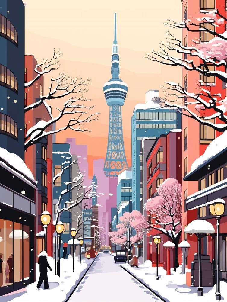 Vintage Winter Travel Illustration Tokyo Japan 2
