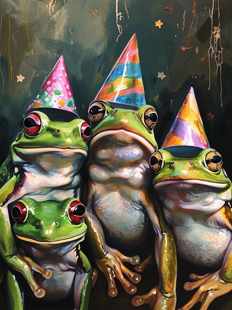 Frogs In Party Hats Painting Style 1