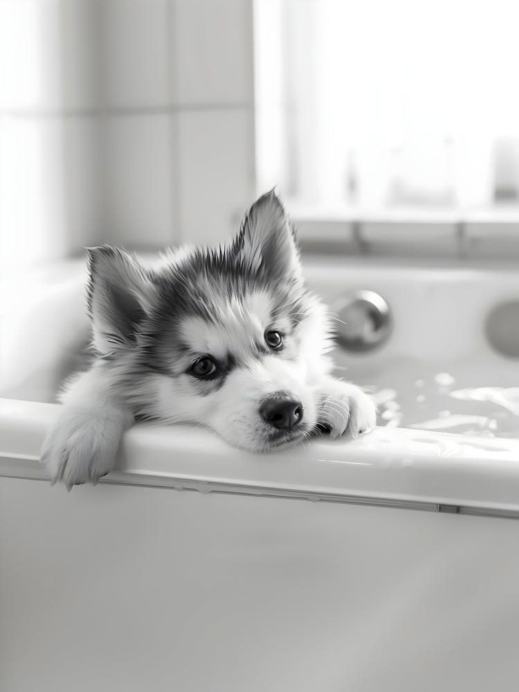 Husky Puppy In Bath Tub