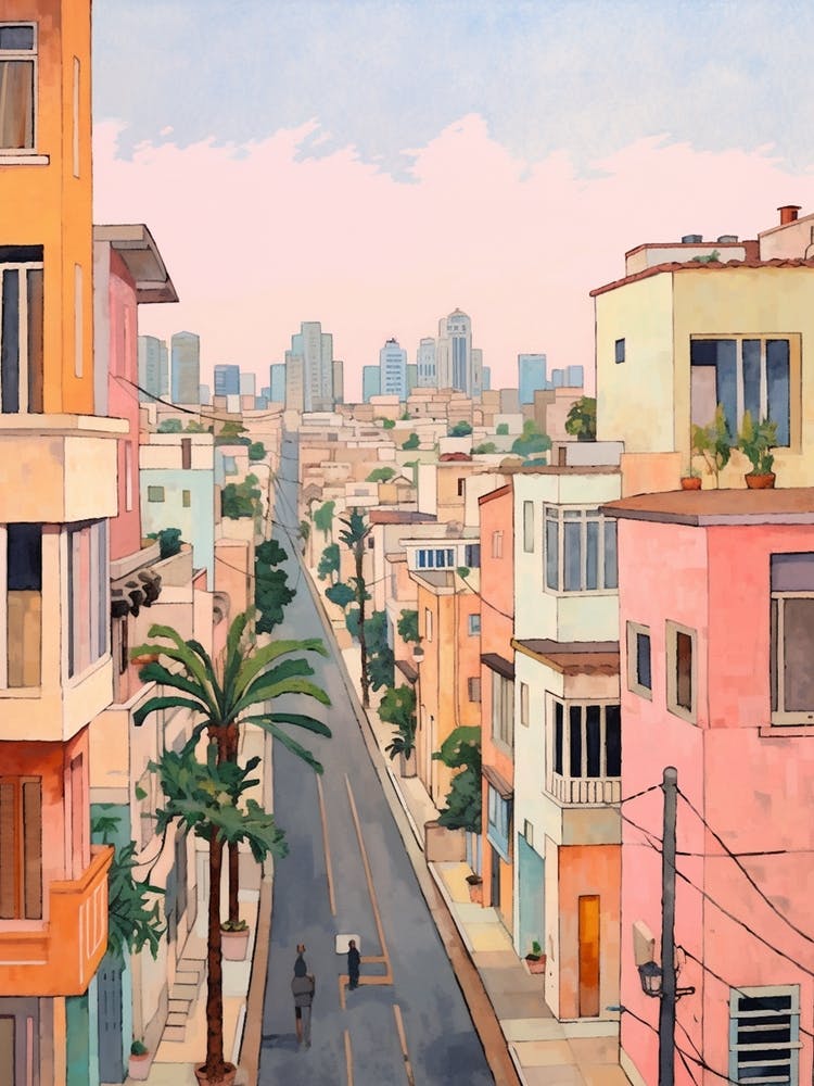 Tel Aviv Israel 4 Vintage Pink Travel Illustration