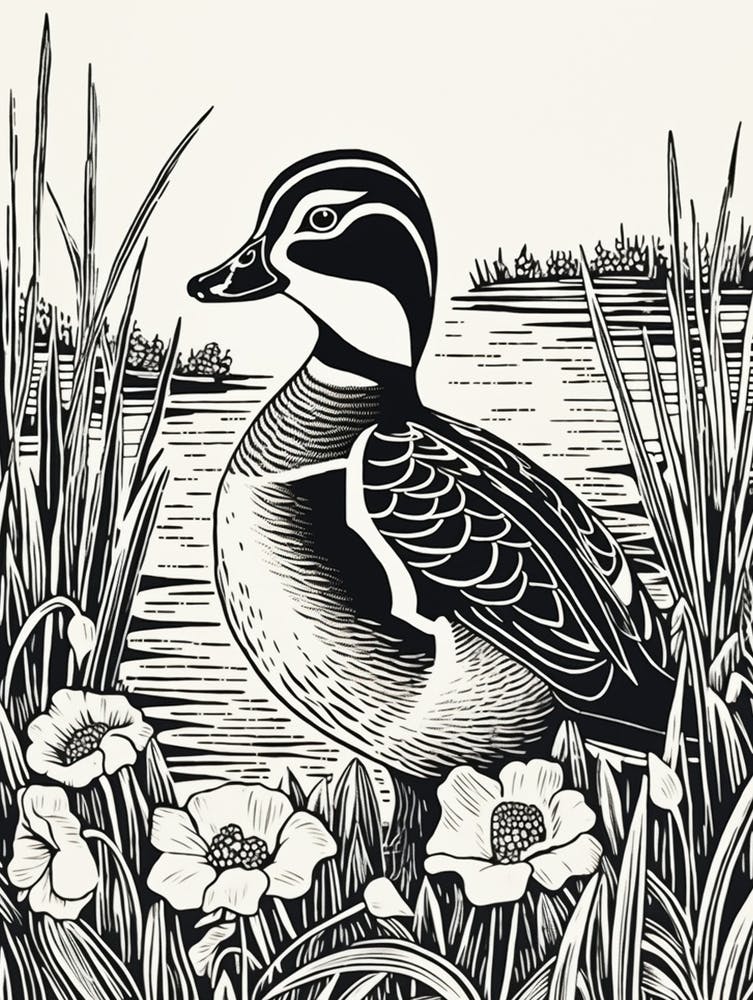 B&W Bird Linocut Wood Duck 4