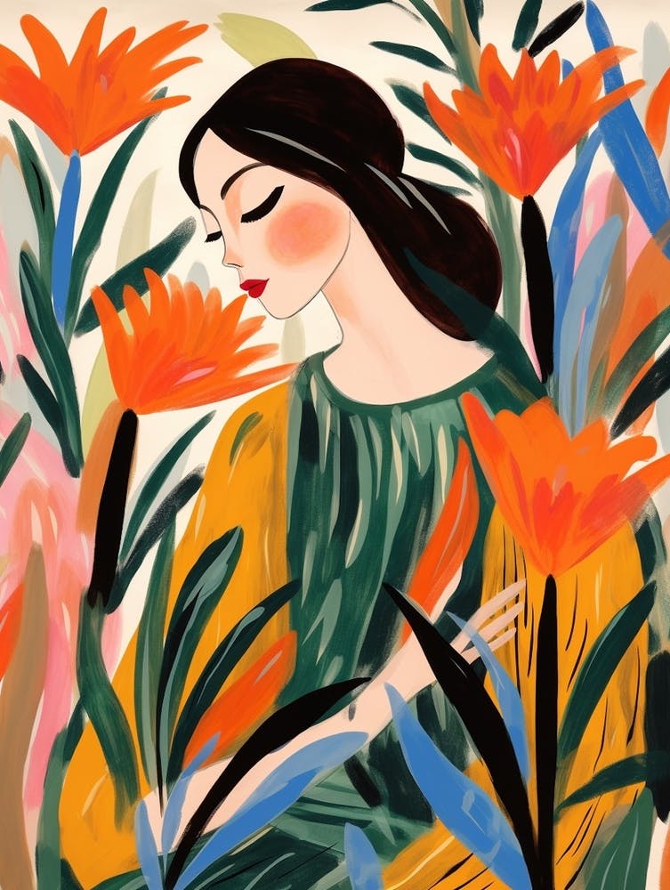 Woman With Autumnal Flowers Bird Of Paradise 1