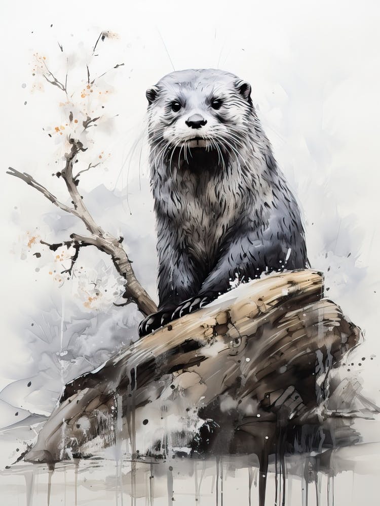 Otter, Japanese Brush Painting, Ukiyo E, Minimal 4
