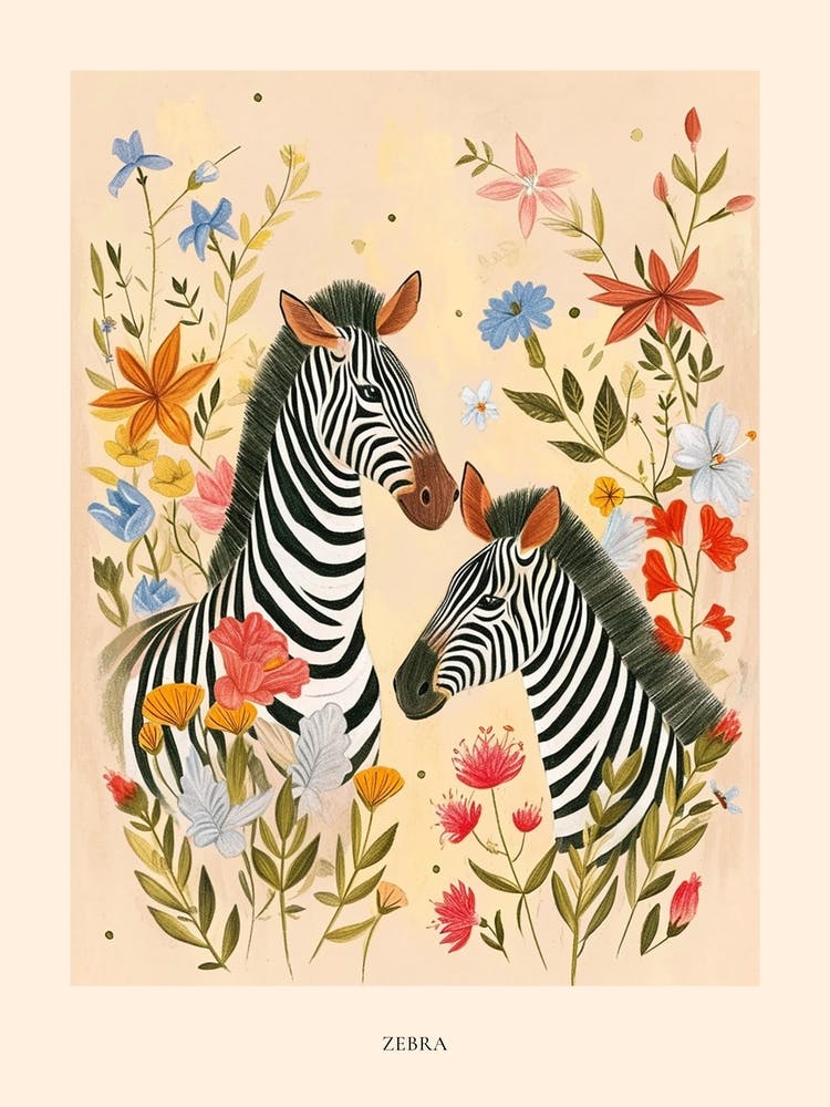 Folksy Floral Animal Drawing Zebra 2 Poster