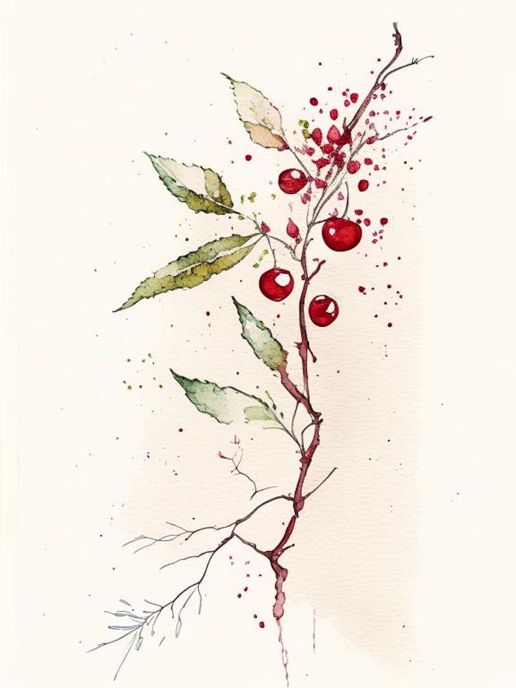 Wildkirschrinde Kraut Minimalistisches Aquarell 1