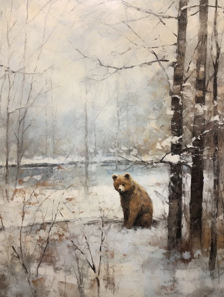 Vintage Winter Animal Painting Brown Bear 4