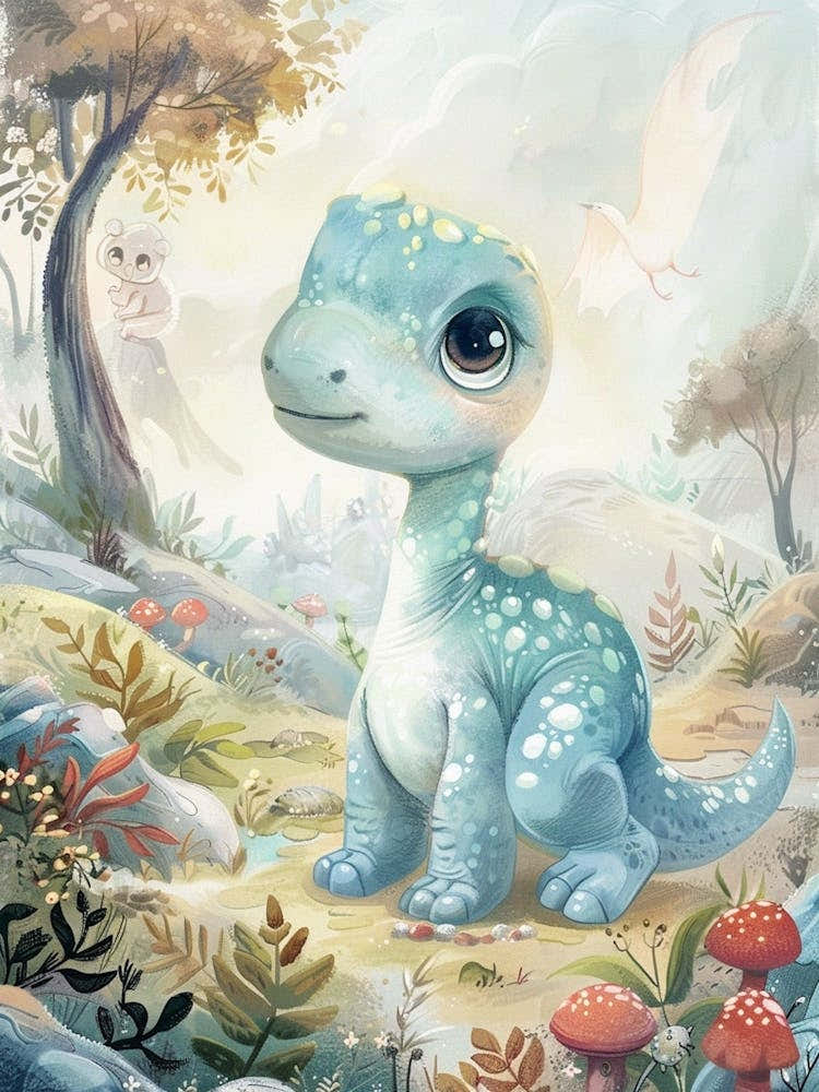 Blue Cute Dinosaur In The Meadow With Mushrooms Storybook Watercolour Painting