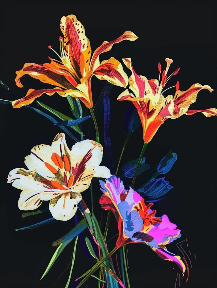 Neon Flowers On Black Bouquet 1