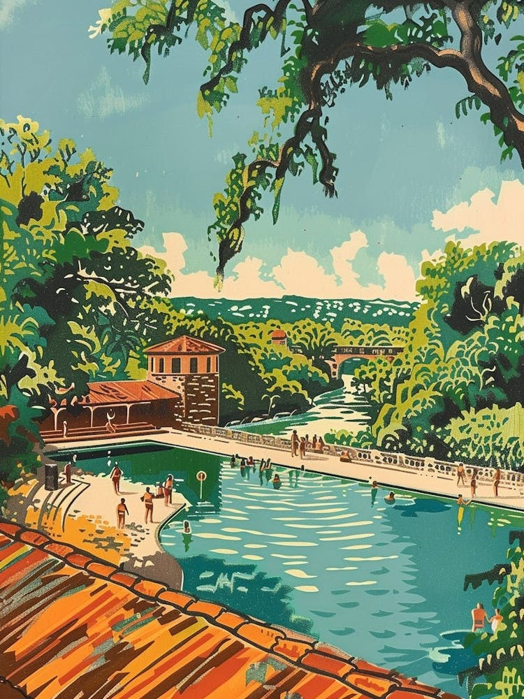 Barton Springs Pool Austin Texas Colourful Blockprint 2