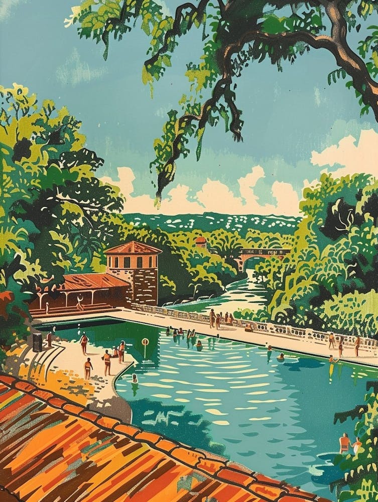 Barton Springs Pool Austin Texas Colourful Blockprint 2