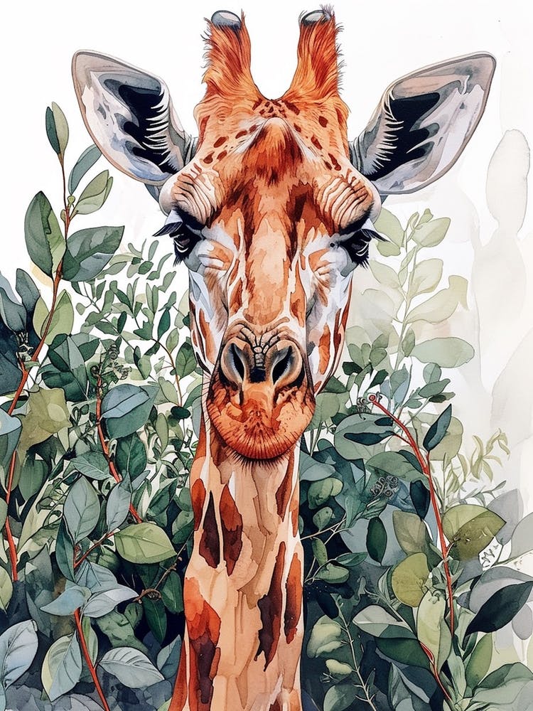 Giraffe Watercolour Portrait In The Leaves 2