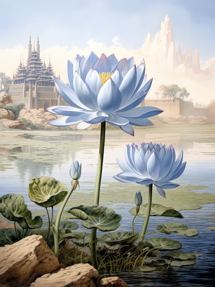 Blue Waterlily Flower Victorian Style 1