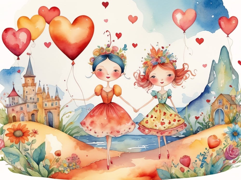 Two Girls Holding Heart Balloons - Valentine's Day water Color caricature , Love