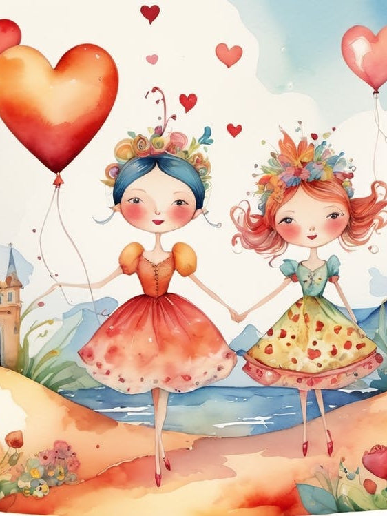 Two Girls Holding Heart Balloons - Valentine's Day water Color caricature , Love