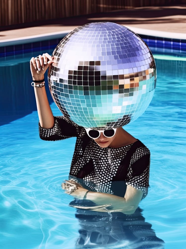 Woman Pool Disco Ball Fashion Photography 5