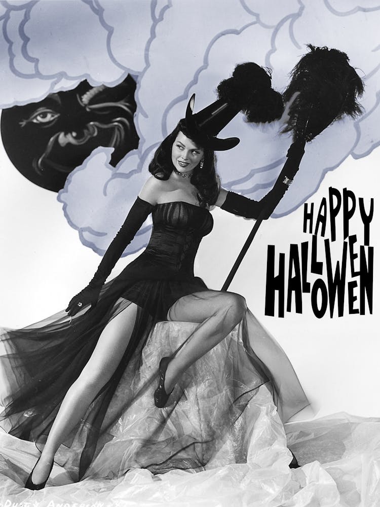 Young Sexy Witch Posing With Broom Under Winking Moon
